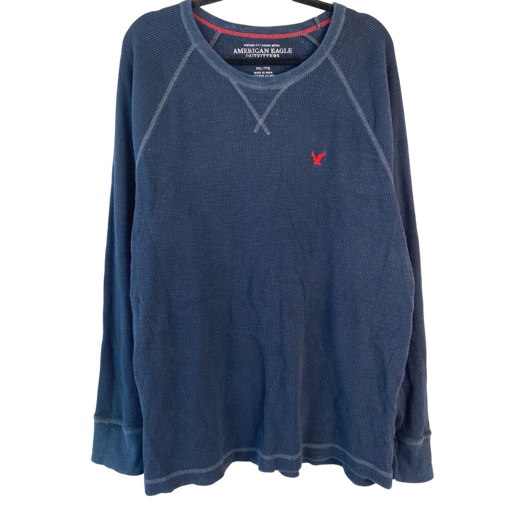 American Eagle Men Thermal Shirt XXL Navy Waffle Knit Vintage Fit Y2K Skater 90s